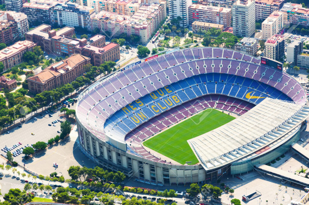 BARCELONA, SPAIN - AUGUST 1, 2014: Aerial view of Camp Nou - stadium of FC Barcelona. Catalonia