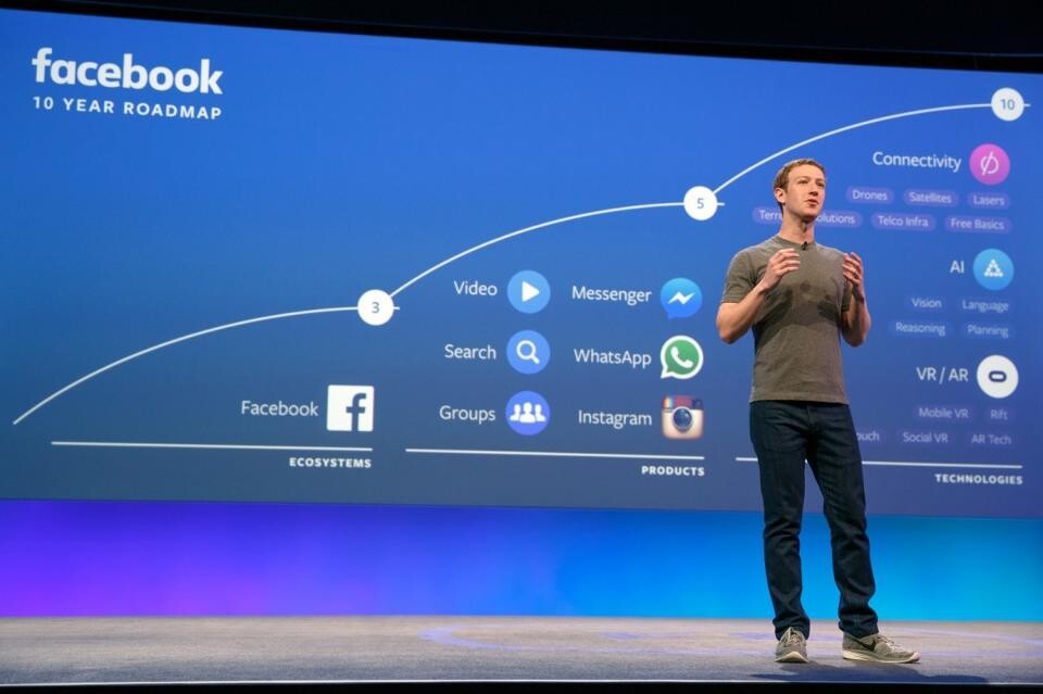 Mark Zuckerberg a Facebbok alapítója a cég fejlesztői konferenciáján. 