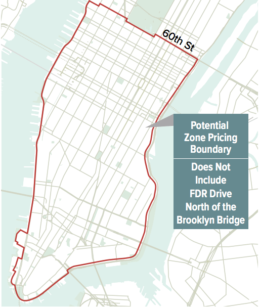 A pirossal határolt területen belül kell majd dugódíjat fizetni Manhattan-ben. Forrás: FIX NYC