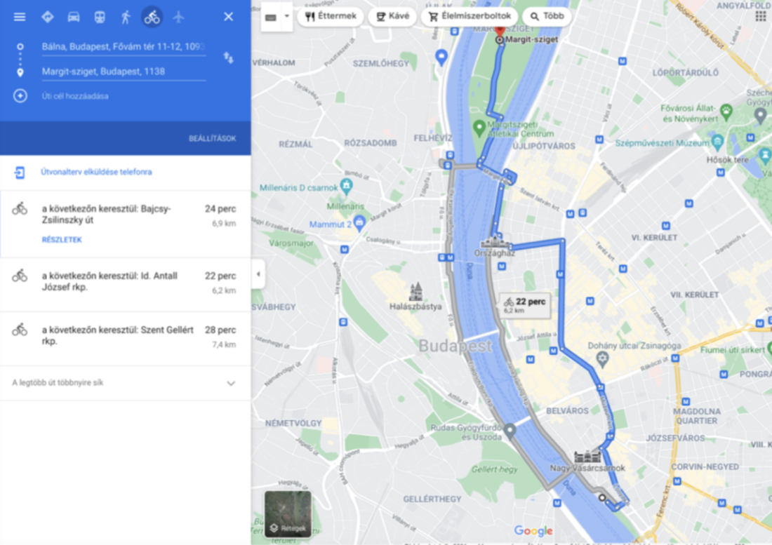 Kerékpáros útvonaltervezés a Google Térképben. Fotó: Google